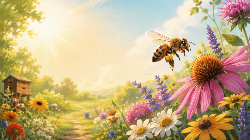 a bee hovers over a beautiful garden