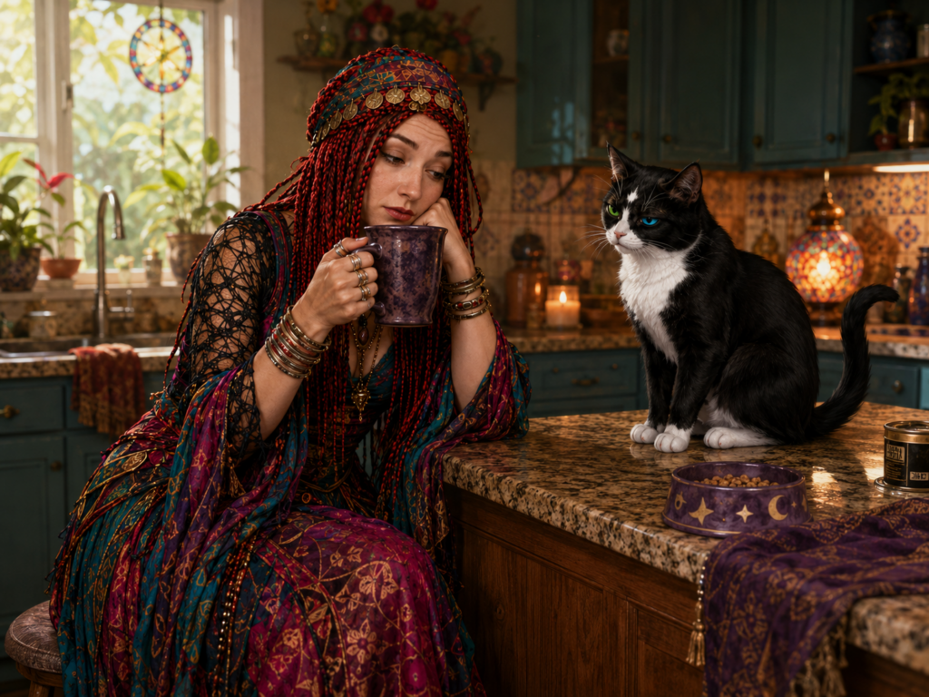 Reg Rawlins drinking coffee with Starlight the tuxedo cat in her kitchen
