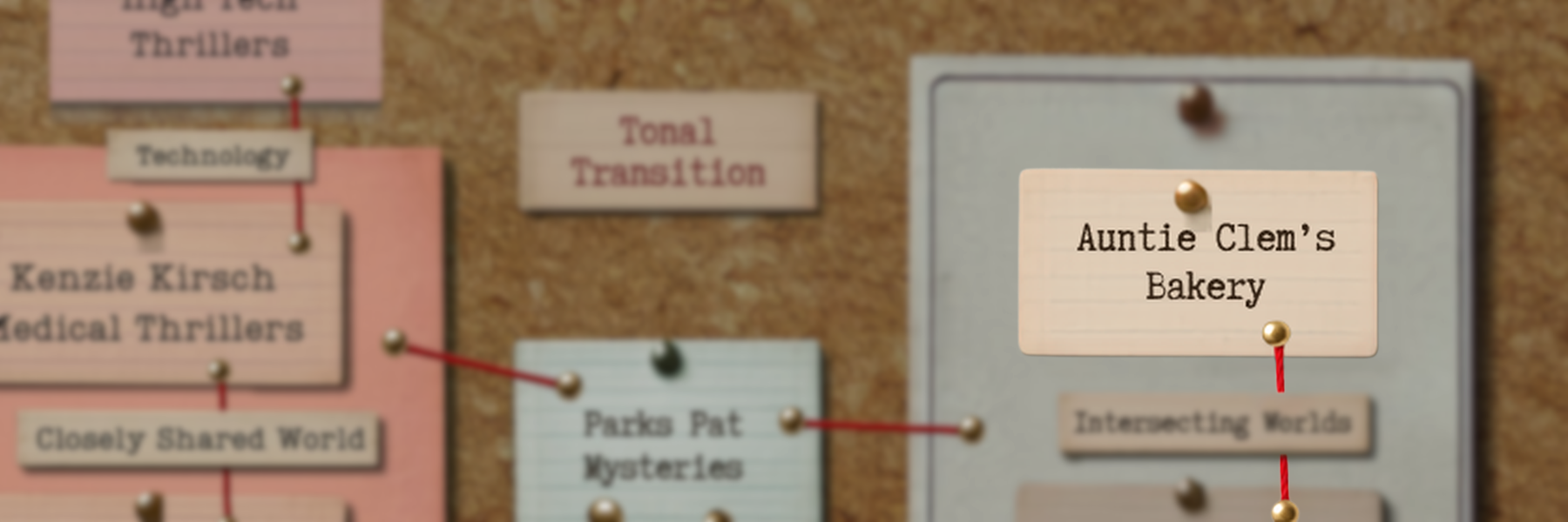 Blurred corkboard with pinned labels for genres and topics, including Auntie Clem's Bakery 