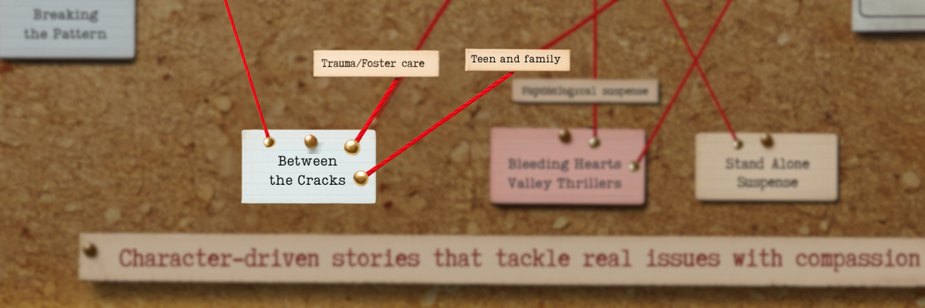 Mood board of book themes on a corkboard with red strings and labeled tags: 'Between the Cracks', 'Trauma/Foster care', 'Teen and family', 