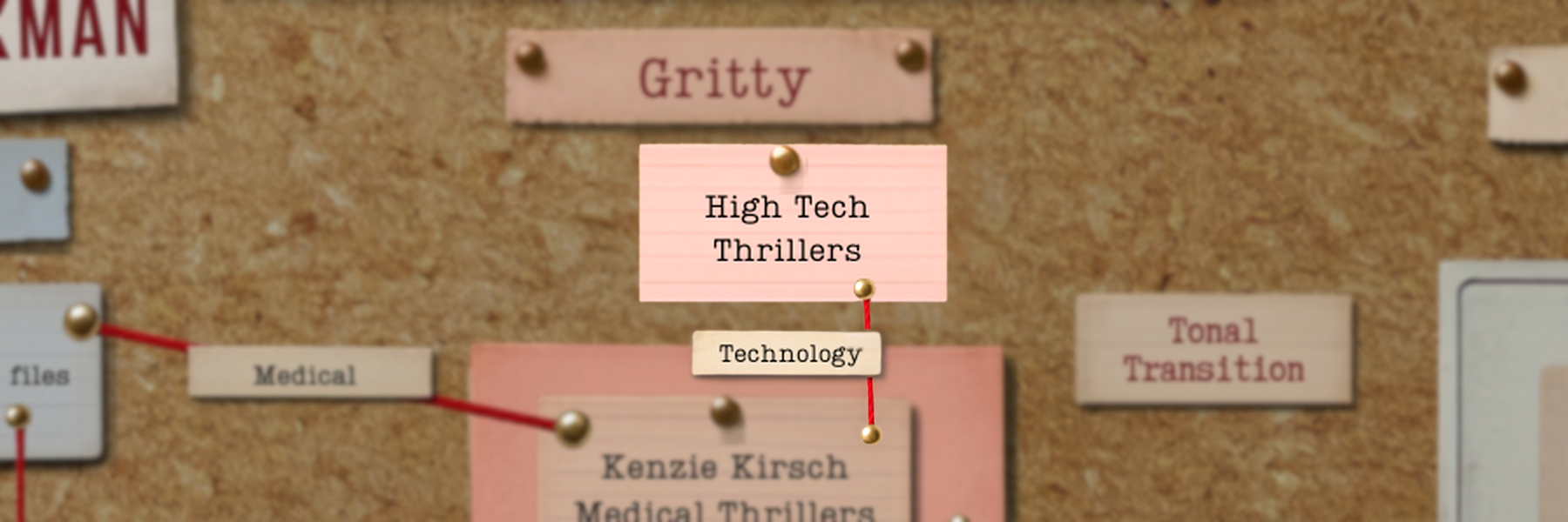 Corkboard with pinned genre tags: 'Gritty', 'High Tech Thrillers', 'Technology', 