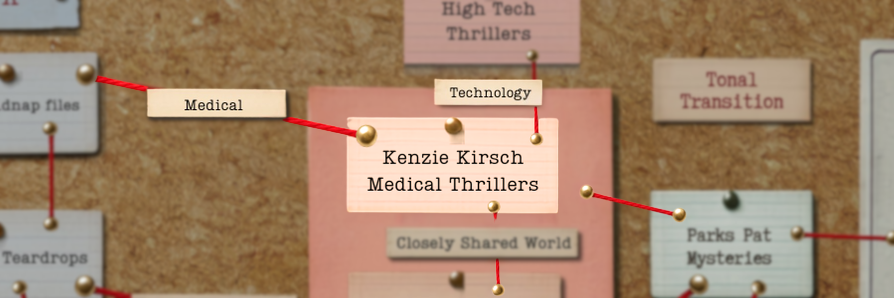 Center of a corkboard with a card reading 'Kenzie Kirsch Medical Thrillers' linked by red strings to related tags like Technology.