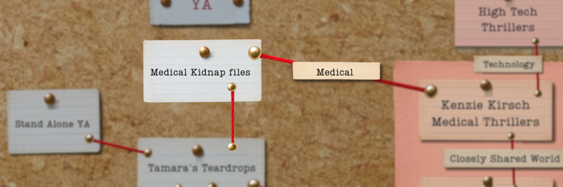 Corkboard with pinned notes showing connections between medical thriller titles and topics, connected by red string links.