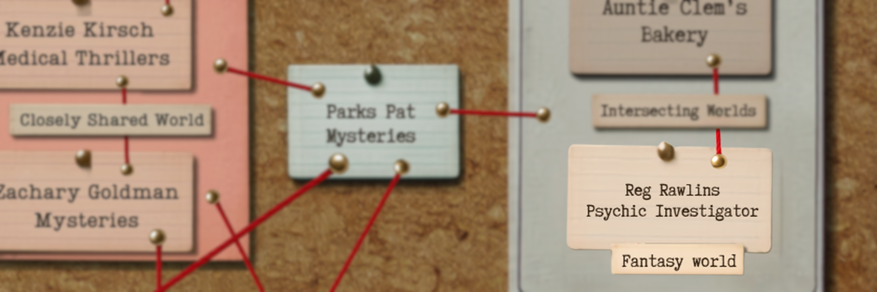 Corkboard with pink and blue notes connected by red string including a card labeled 'Reg Rawlins Psychic Investigator'.