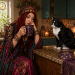 A bohemian-dressed woman sips from a purple mug at a kitchen counter, while a black-and-white cat with blue and green eyes sits nearby on the counter.