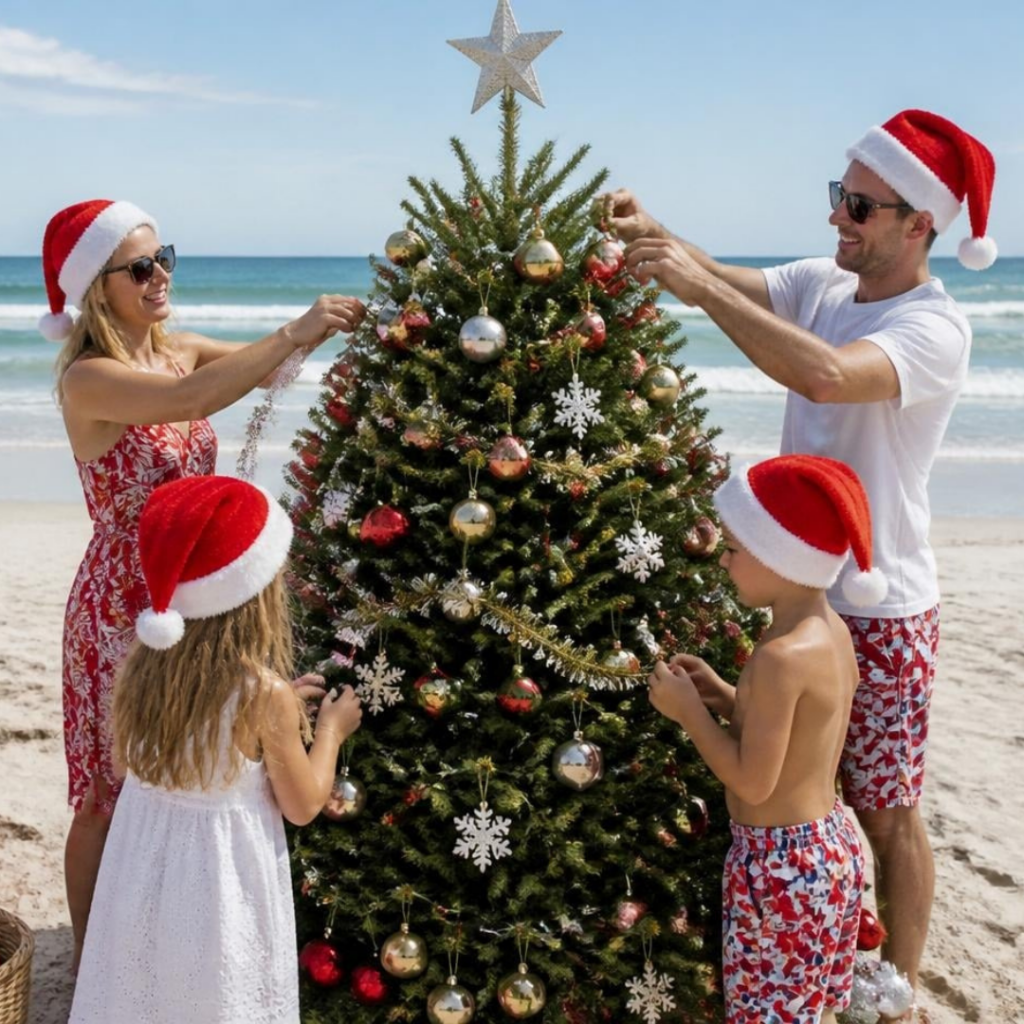 Family decorating a Christmas tree on a sunny beach, wearing Santa hats and festive outfits by the ocean.