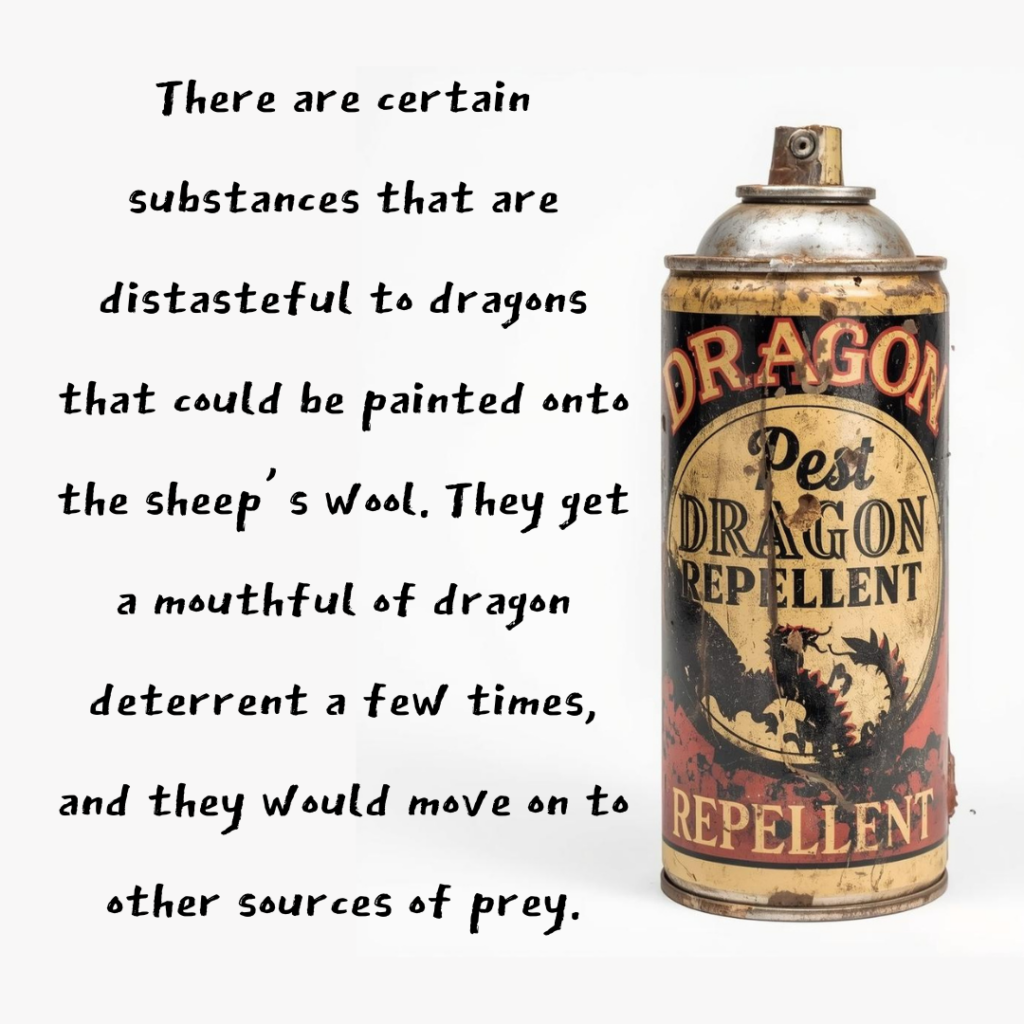 There are certain
substances that are
distasteful to dragons
that could be painted onto
the sheep s wool. They yet
a mouthful of dragon
deterrent a few times,
and they would move on to
other sources of prey.