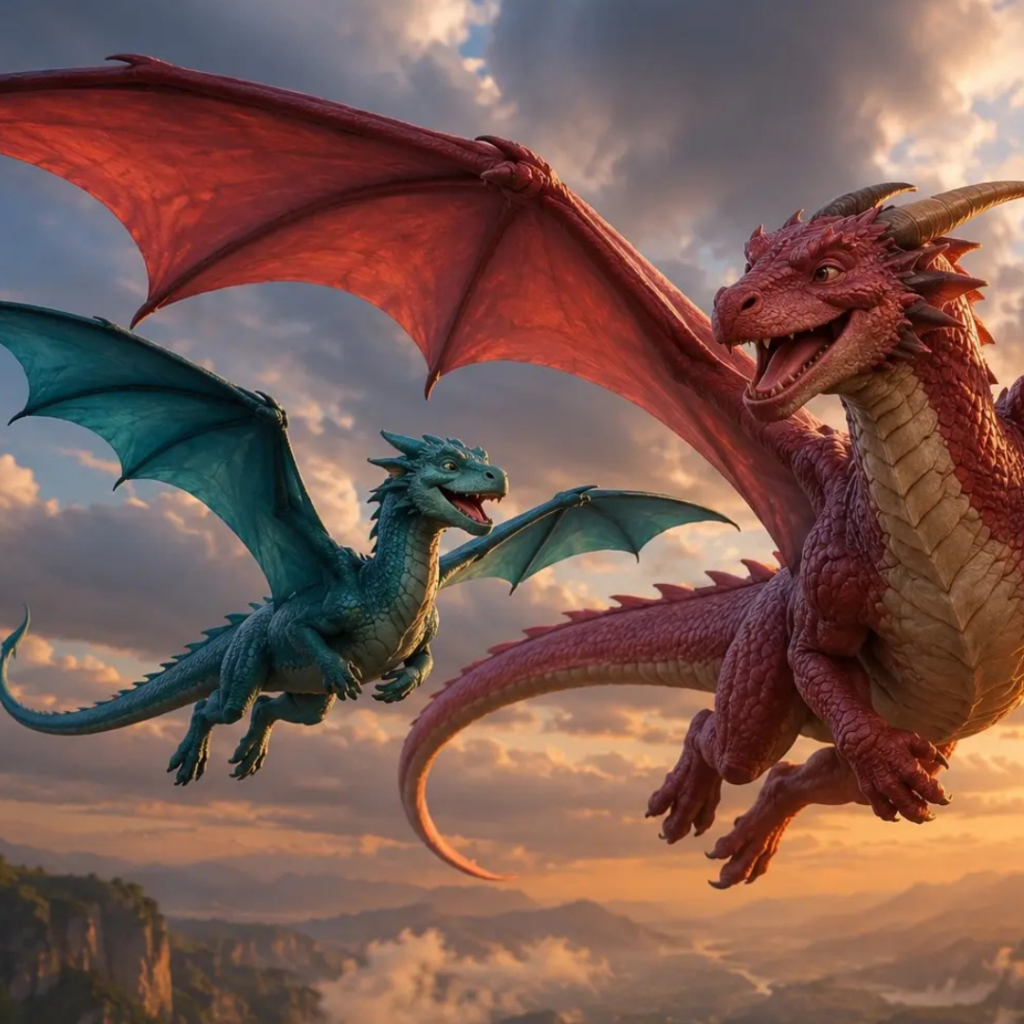 Two dragons soaring through a sunset sky above a canyon, one blue and one red with wings spread wide.