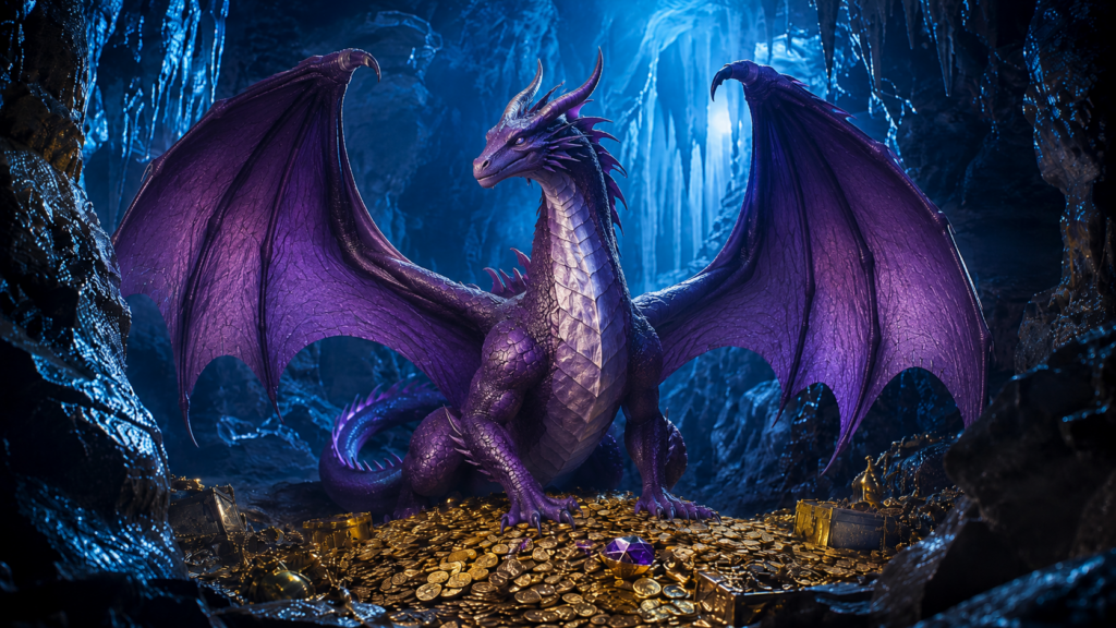 Purple dragon guarding a hoard in a blue cavern