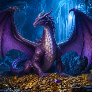Purple dragon perched on a treasure pile of gold coins and gems in a blue cavern.