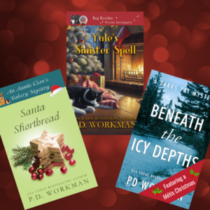 Collage of three cozy-mystery book covers: Yule's Sinister Spell with a burning fireplace, a cat on a rug, and a Christmas setting; Santa Shortbread featuring cookies, holly, and a festive banner; Beneath the Icy Depths showing a snowy forest and bold white title on blue, with a red Christmas ribbon label.