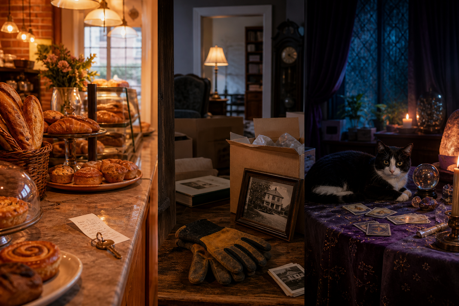 A bakery, an estate cleanout, and a psychic reading table with a black-and-white cat.