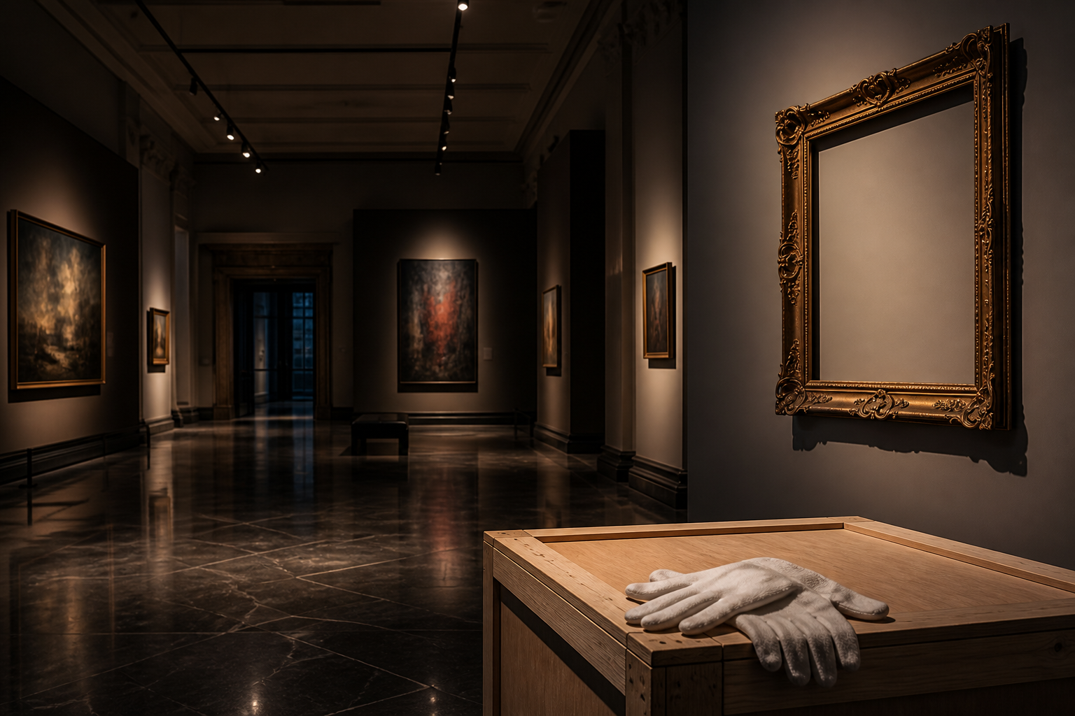 An empty gilt frame hangs in a dark museum gallery beside a packing crate and conservator gloves.