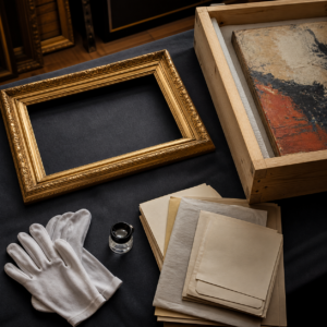 An empty gilt frame, conservator gloves, loupe, papers, and crated artwork on a museum table.