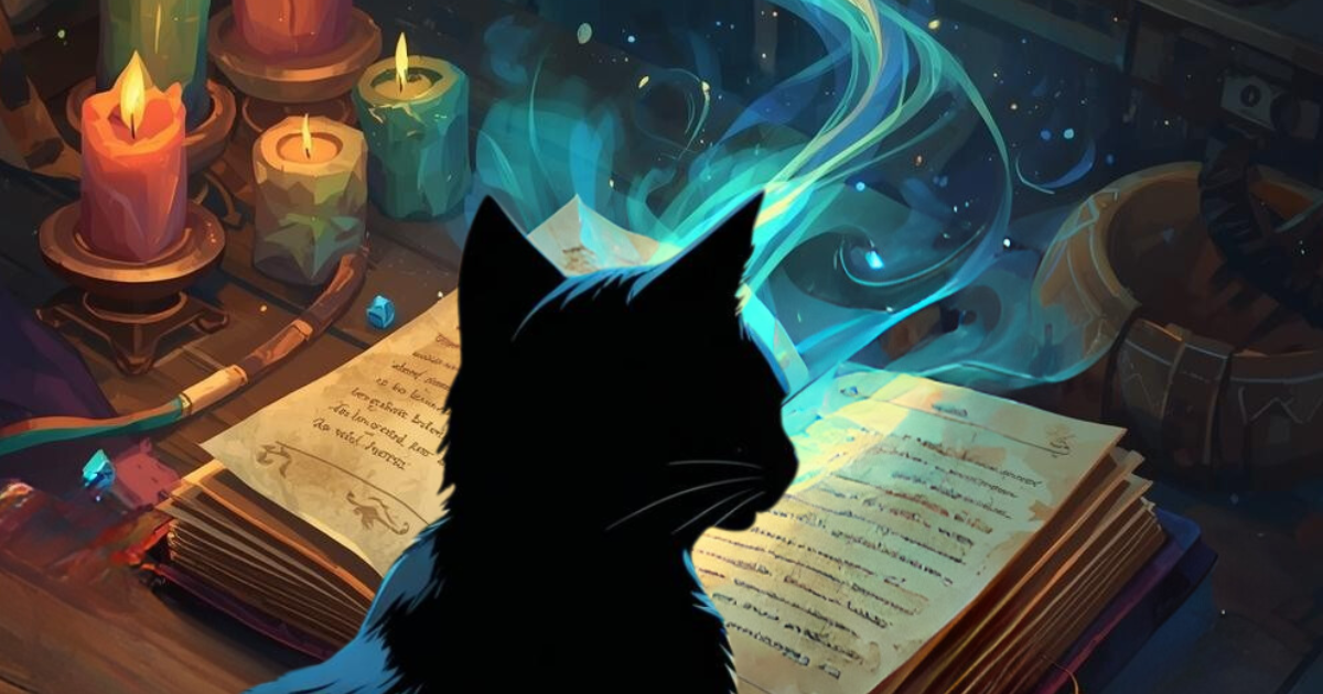 cat looking at magical book