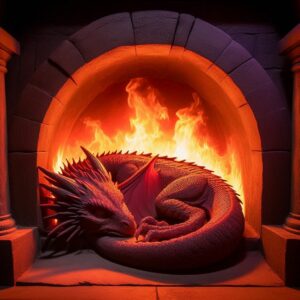dragon sleeping in the fireplace