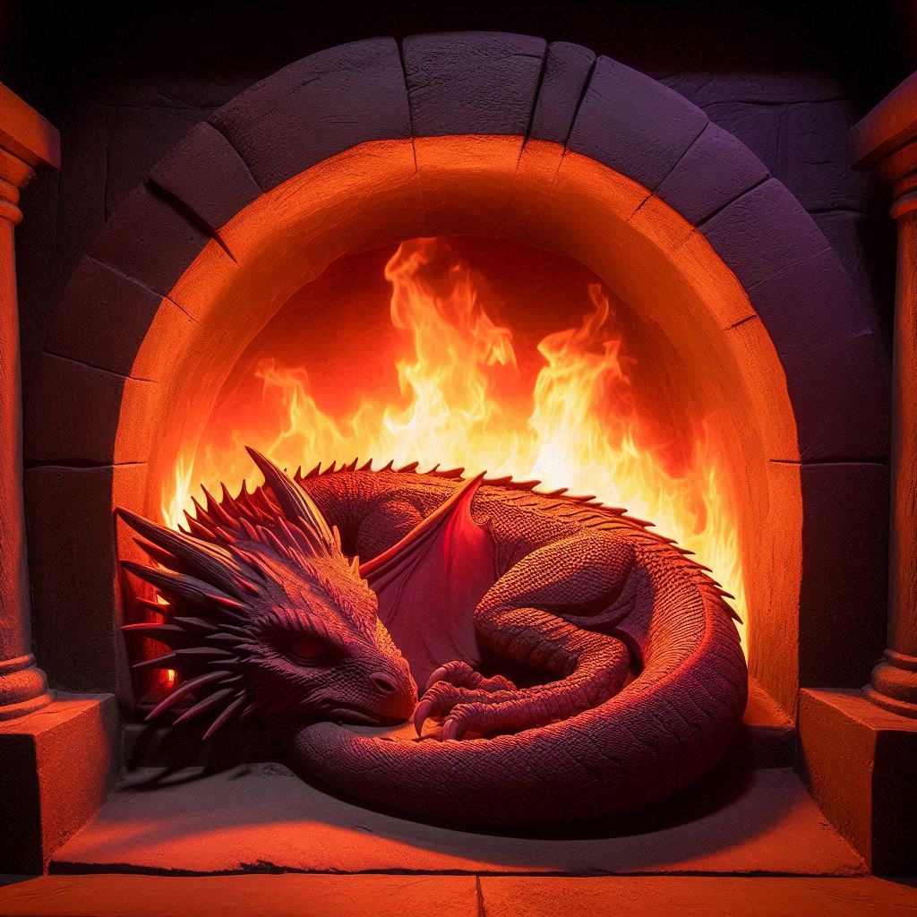 dragon sleeping in the fireplace