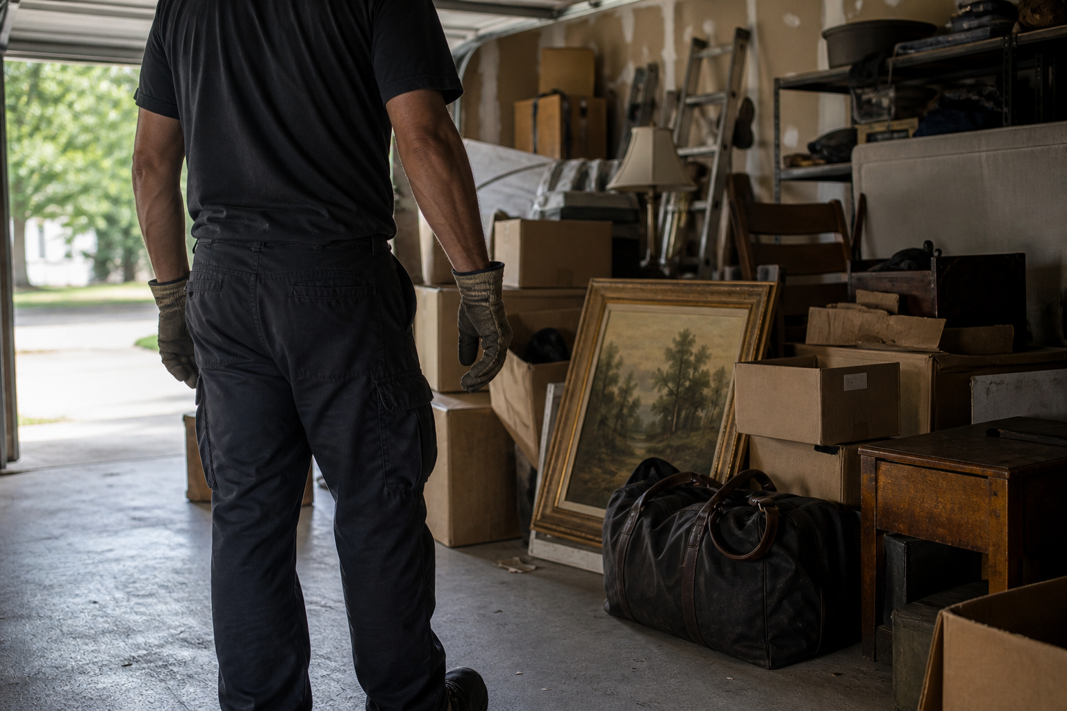A junk removal worker surveys boxes, furniture, a framed painting, and a duffel bag in a garage.