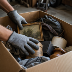 Work-gloved hands uncover a framed painting and duffel bag while sorting a box.