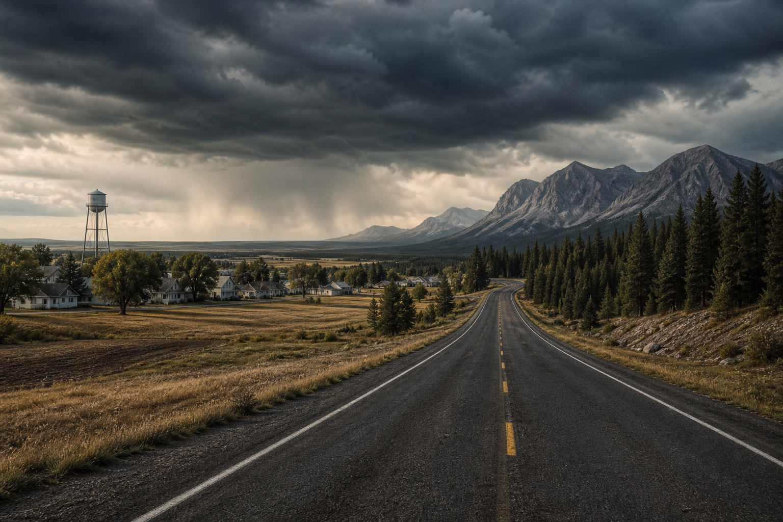A storm gathers over a small town, open road, prairie, forest, and mountains.