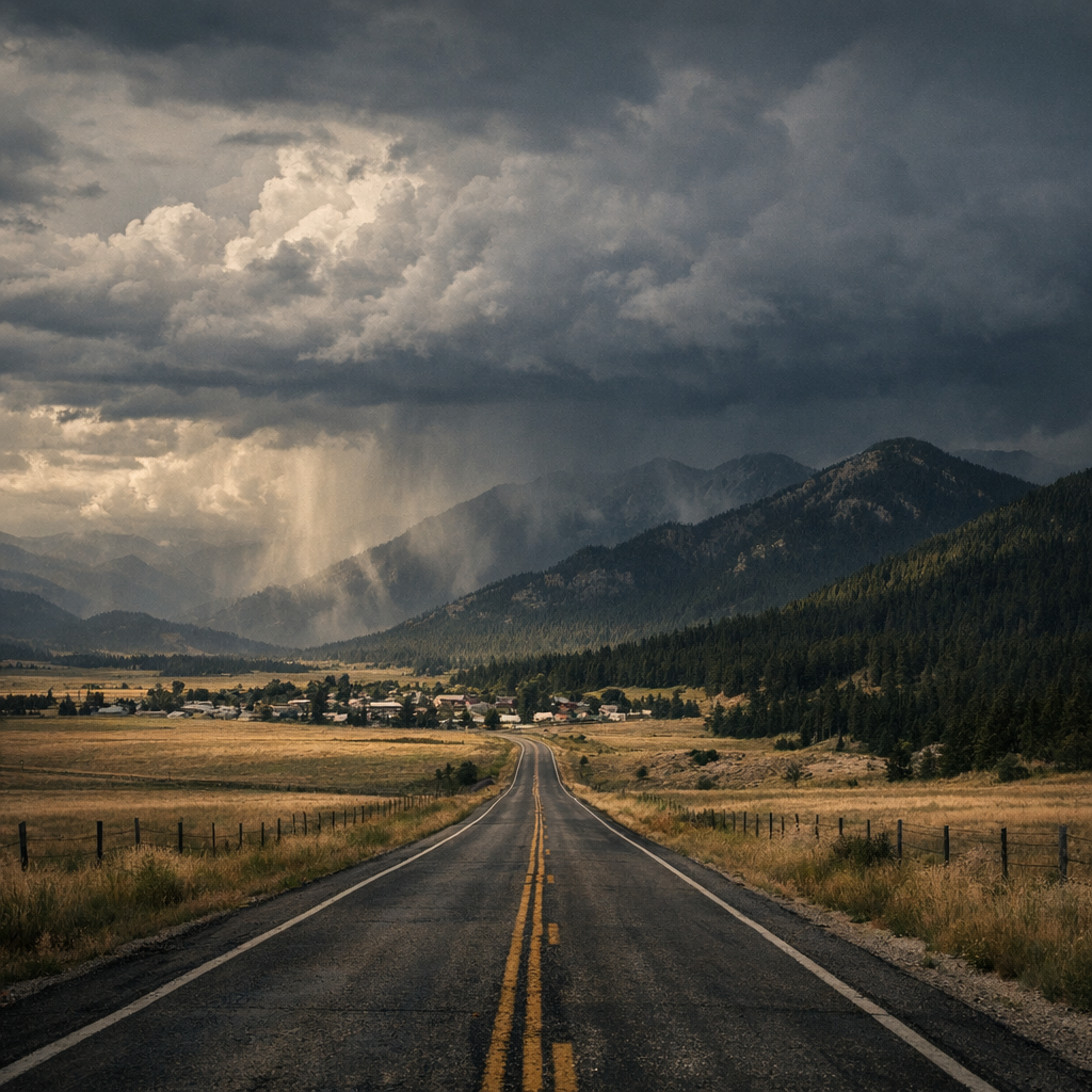 A lonely highway leads toward a mountain town beneath gathering storm clouds.