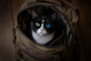 Starlight the tuxedo cat sitting in Reg's backpack ready for an adventure