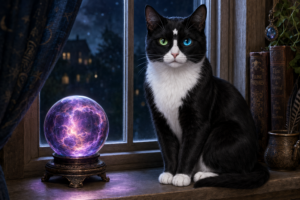 Starlight the tuxedo cat sitting beside a crystal ball