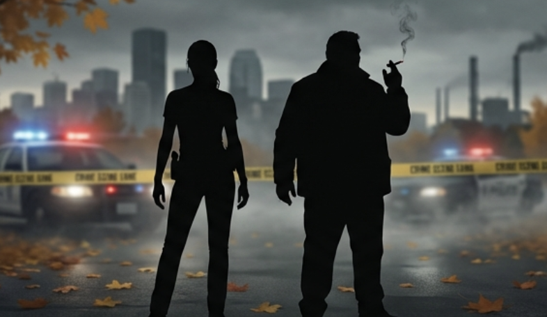 silhouettes of margie and gagnon in front of city skyline and police lights